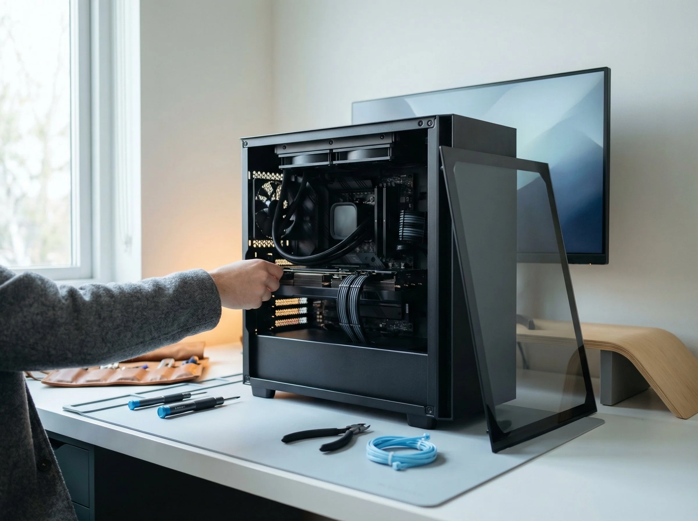 Illustration: Aufgeräumter Schreibtisch mit individuellem PC